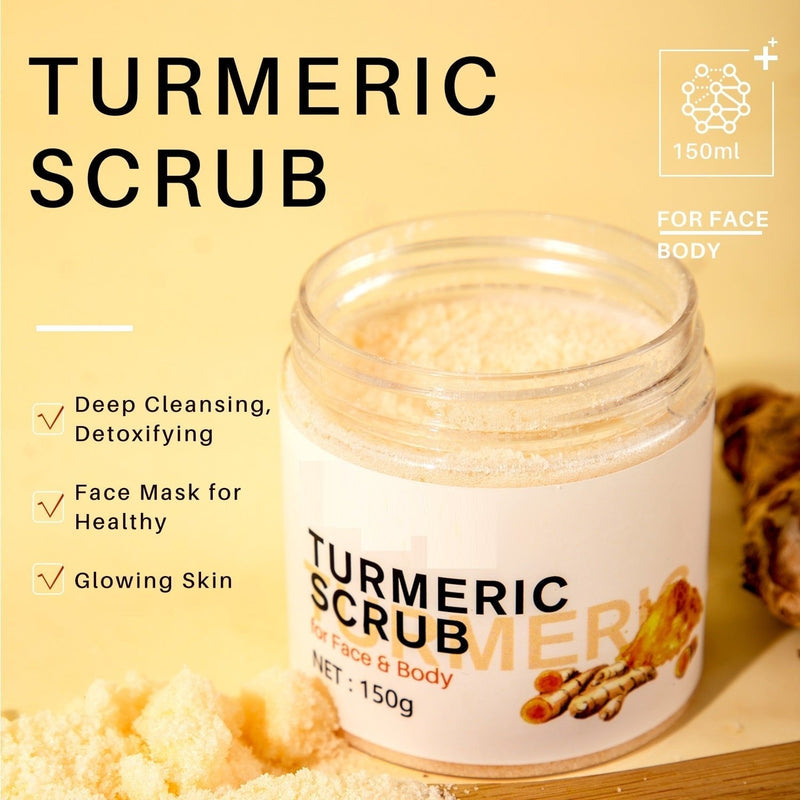 Golden Glow Turmeric Body Scrub jar with natural exfoliant for face and body, promoting deep cleansing, detoxifying, and glowing skin.